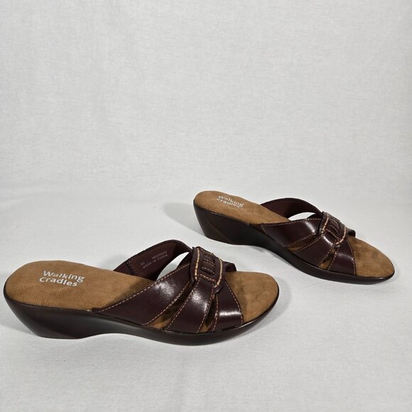 Y2K Vintage WALKING CRADLES Brown Leather Strappy Wedge Heels Sandals Size 8B. - Picture 1 of 17